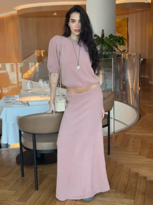 Bornladies Mid Sleeve Knitted Set 2026 Spring Summer New Short Top High Waist Long Half Skirt Two Piece Set