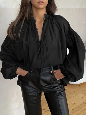 Bornladies 2026 Spring and Summer New Loose and Slouchy Style Black Lace-up V-neck Lantern Sleeve Shirt Top